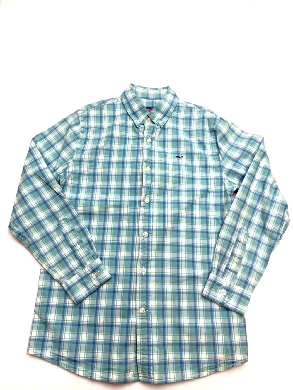 VINEYARD VINES Boys Medium 12-14 Green Blue White Plaid Long Sleeve Whale Shirt